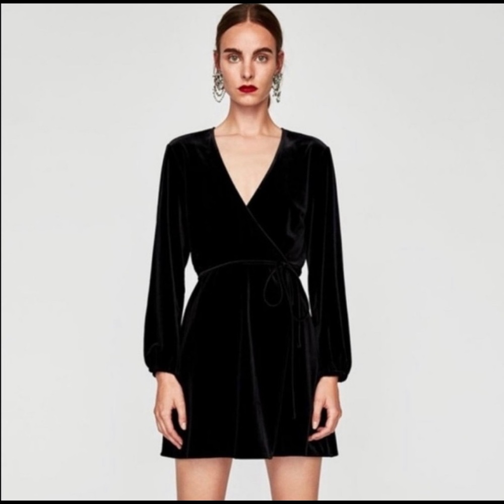 Black velvet Zara long sleeve wrap dress